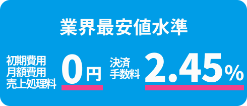 業界最低価格水準 初期費用,月額費用,売上処理料0円 決済手数料2.45%